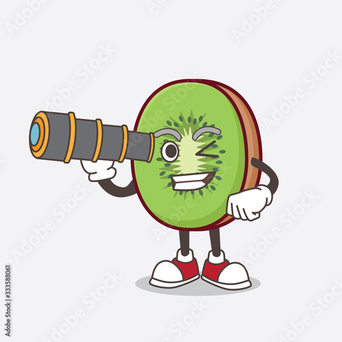 Kiwi Fruit mascot character using a monocular
