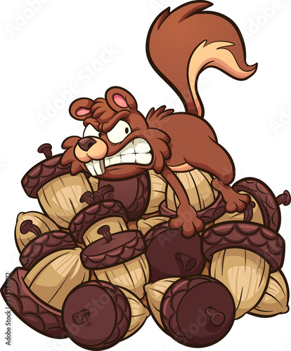 Angry cartoon squirrel hoarding a big pile of nuts. Vector clip art illustration with simple gradients. Squirrel and nuts on separate layers.