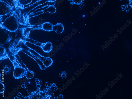 Covid 2019-nCov or coronavirus concept symbol, 3D rendering graphic background microscope virus closeup