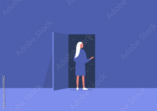 Imagination and inspiration, outer space, astrology, young female character opening a door to the unknown