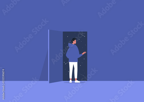 Imagination and inspiration, outer space, astrology, young male character opening a door to the unknown