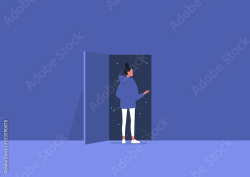 Imagination and inspiration, outer space, astrology, young female character opening a door to the unknown