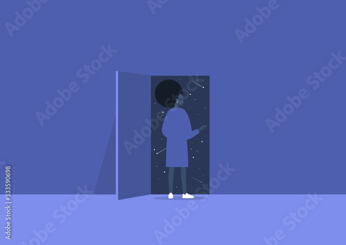 Imagination and inspiration, outer space, astrology, young black female character opening a door to the unknown