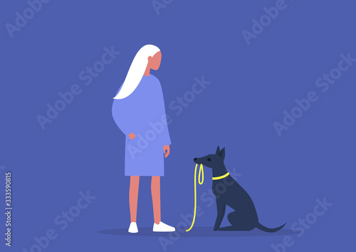 Cute black skinny puppy insisting on a walk, domestic life, young female owner with their dog