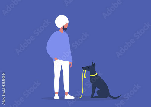 Cute black skinny puppy insisting on a walk, domestic life, young indian male owner with their dog