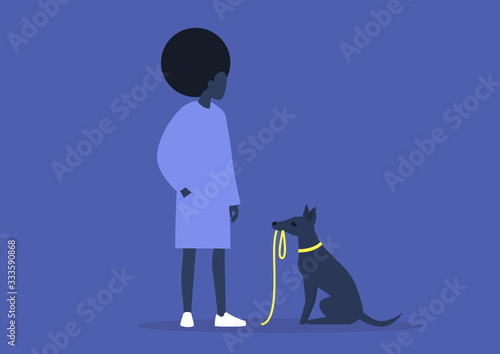 Cute skinny puppy insisting on a walk, domestic life, young black female owner with their dog