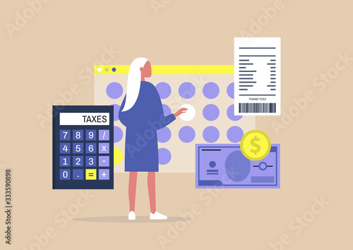 Young female character filing a tax return, Declaring an income