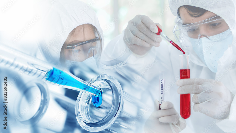 Fototapeta premium coronavirus covid 19 research background of pharmacetical virus research scientist with sample tube of coronavirus covid 19 on hand doing experiment on anti flu drug for coronavirus covid 19 treatment