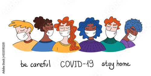 Coronavirus Pandemic. Multicultural Group Of People In White Medical Face Mask. Concept Of Coronavirus Quarantine. COVID-19