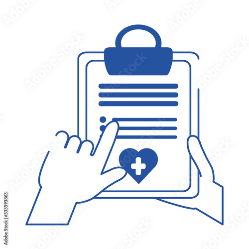 online doctor hands with clipboard report medical care blue line style icon