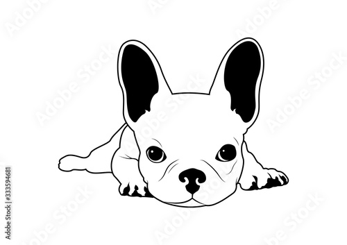 Cute French Bulldog with Bunny Ears on His Bed in Black & White