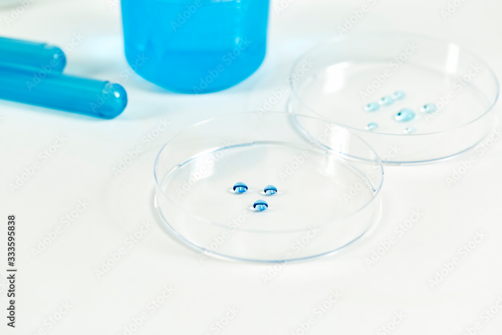 Gloved Hand dropping Blue Liquid Drops into a Petri Dish
