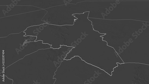 Assaba, region with its capital, zoomed and extruded on the bilevel map of Mauritania in the conformal Stereographic projection. Animation 3D photo