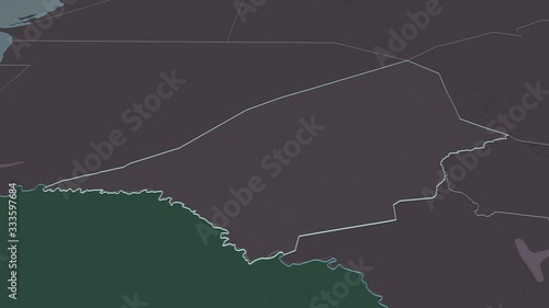 Brakna, region with its capital, zoomed and extruded on the administrative map of Mauritania in the conformal Stereographic projection. Animation 3D photo