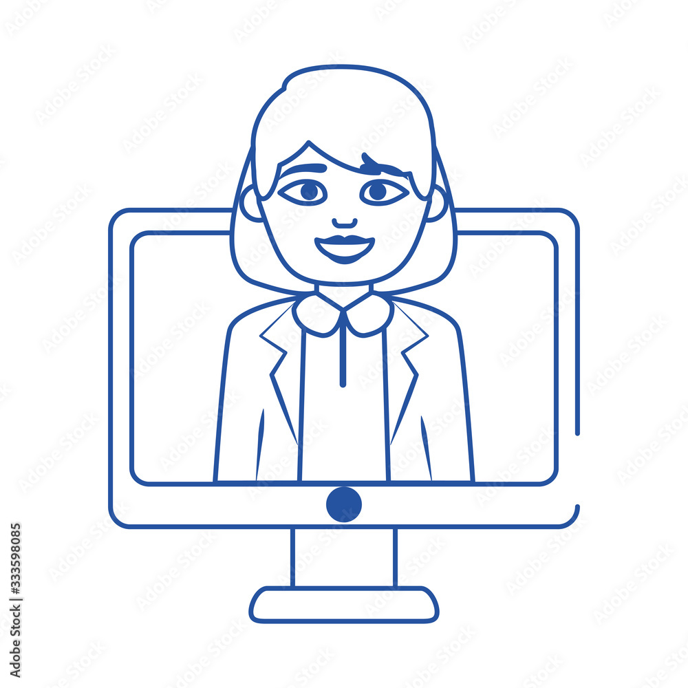 online doctor female in screen computer help care blue line style icon