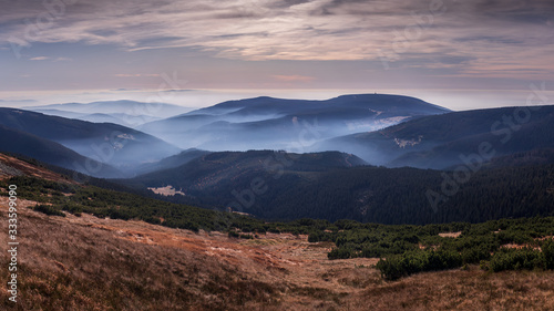 Obraz na plátně Fog in the mountains, Giant Mountains, Krkonoše, The Czech Republic