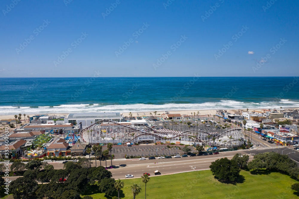 Aerial drone photo of a completely empty Mission Beach due to the Coronavirus and Covid 19 Pandemic. San Diego, Ca, USA.