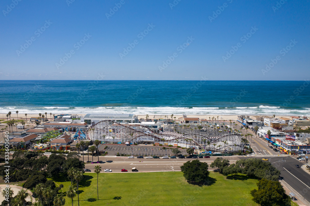 Aerial drone photo of a completely empty Mission Beach due to the Coronavirus and Covid 19 Pandemic. San Diego, Ca, USA.