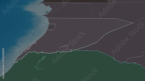 Trarza, region with its capital, zoomed and extruded on the administrative map of Mauritania in the conformal Stereographic projection. Animation 3D photo