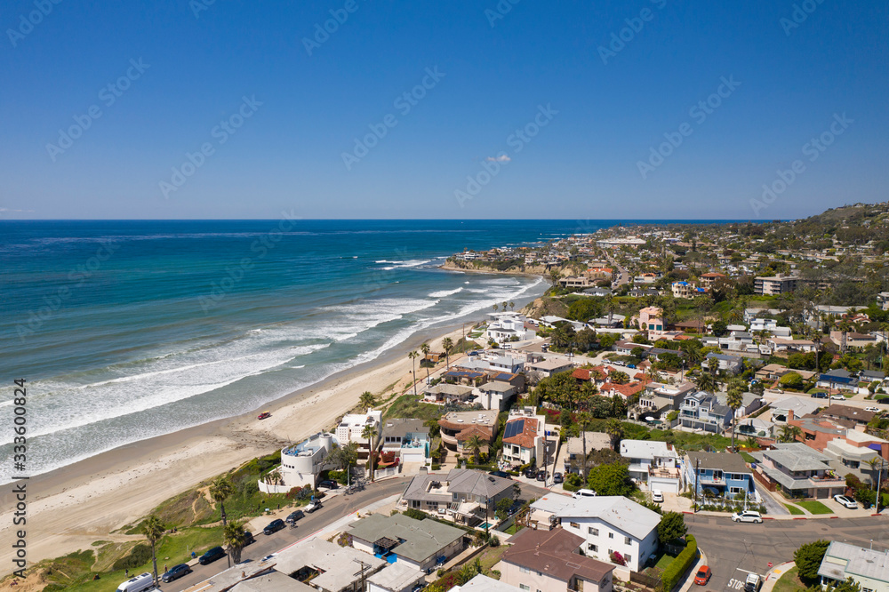 Aerial drone photo of a completely empty Pacific Beach due to the Coronavirus and Covid 19 Pandemic. San Diego, Ca, USA.
