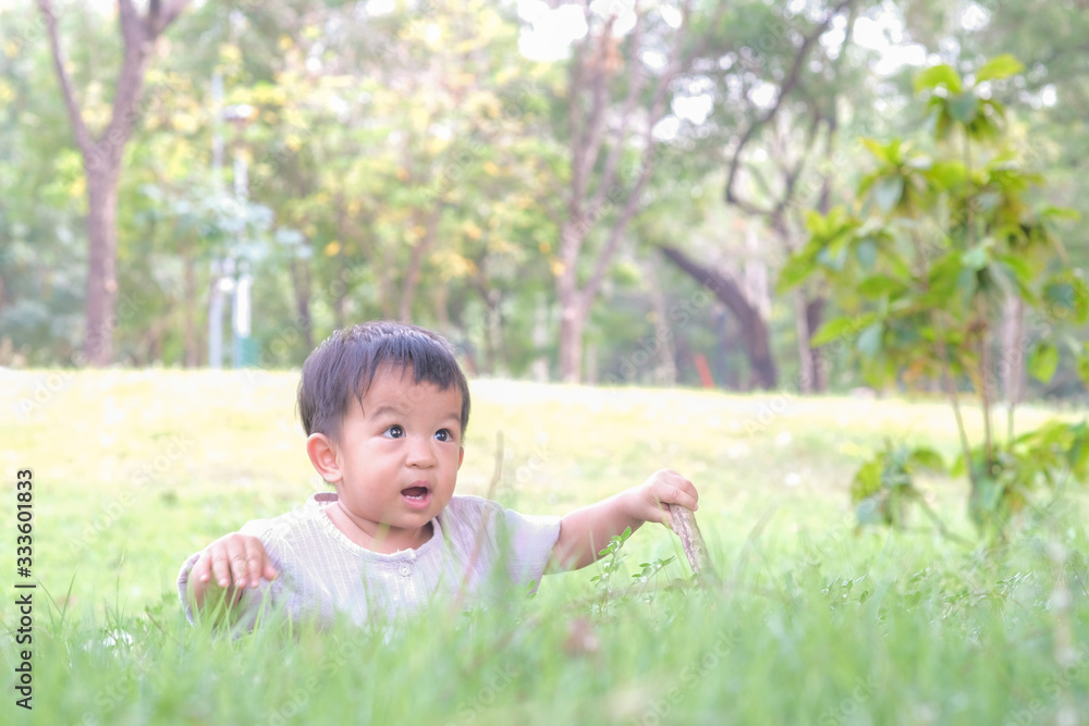 Adorable asian preschooler boy playing in summer park sittingon the grass Adorable asian preschooler boy playing in summer park sittingon the grass