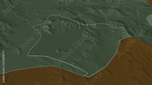 Bogdanci, municipality with its capital, zoomed and extruded on the administrative map of Macedonia in the conformal Stereographic projection. Animation 3D photo