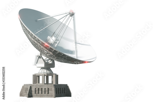 White radio telescope, a large satellite dish isolated on a white background. Technology concept, search for extraterrestrial life, wiretap of space. 3D rendering, 3D visualization, 3D illustration.