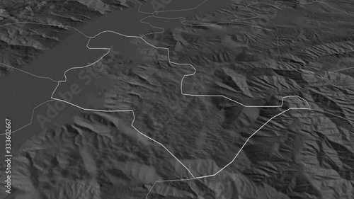 Brvenica, municipality with its capital, zoomed and extruded on the bilevel map of Macedonia in the conformal Stereographic projection. Animation 3D photo