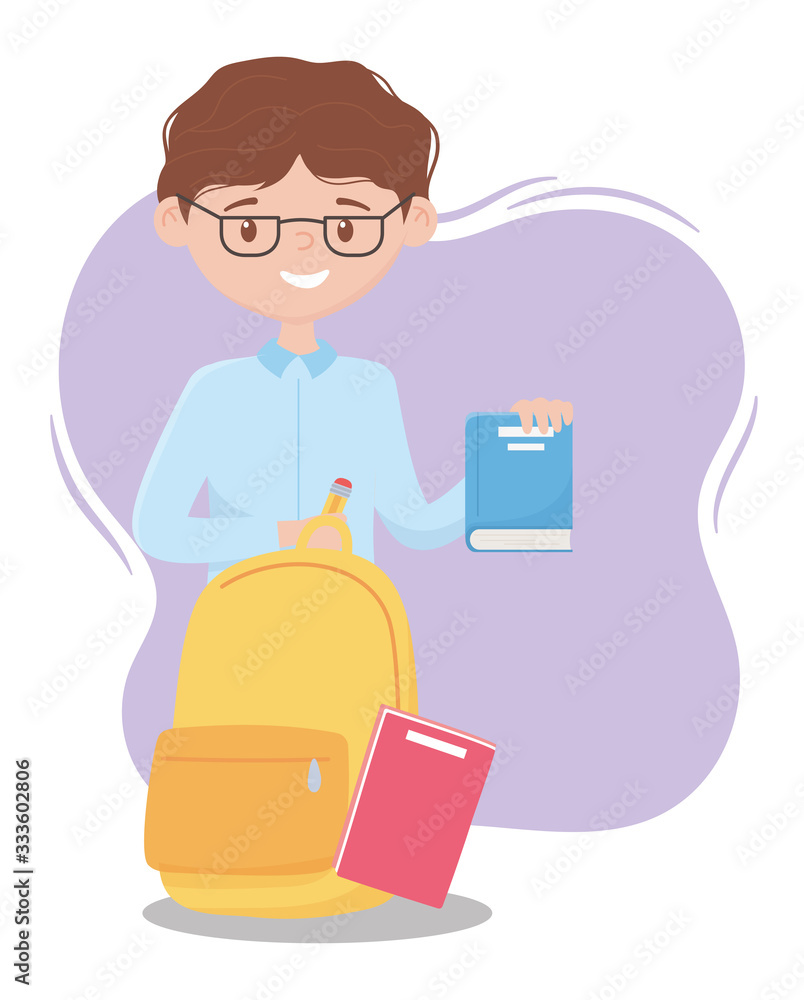 education online, teacher with books backpack and pencil
