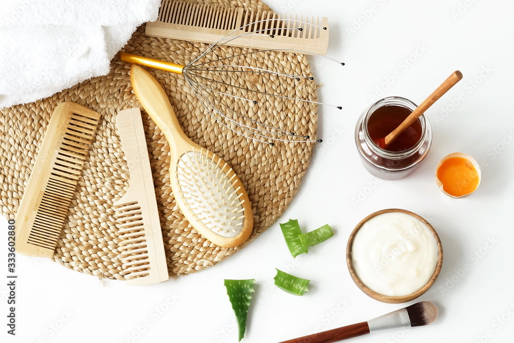 Homemade hair mask and ingredients for moisturizing honey, egg, yogurt,  aloe on white background. Stock Photo | Adobe Stock