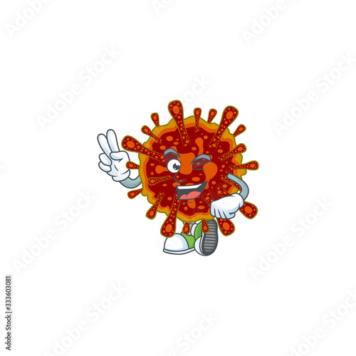 A joyful deadly coronvirus mascot design showing his two fingers