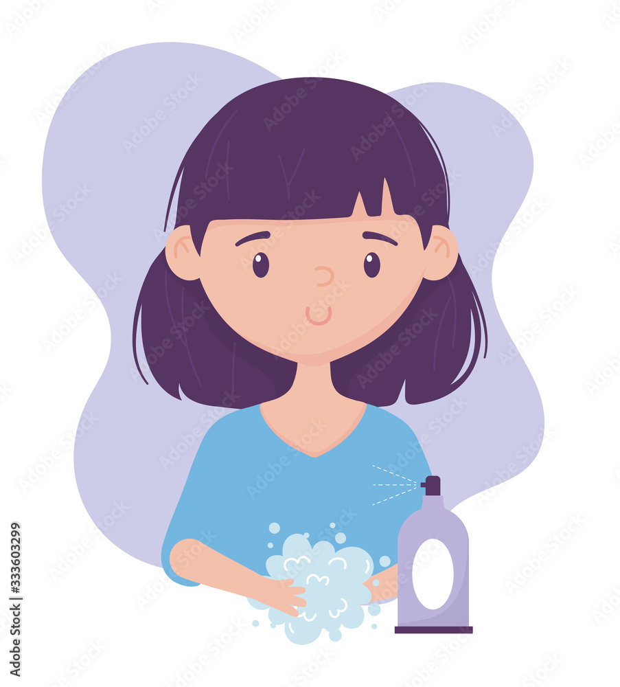 online health, girl washing hands with soap spray covid 19 coronavirus online health, girl washing hands with soap spray covid 19 coronavirus
