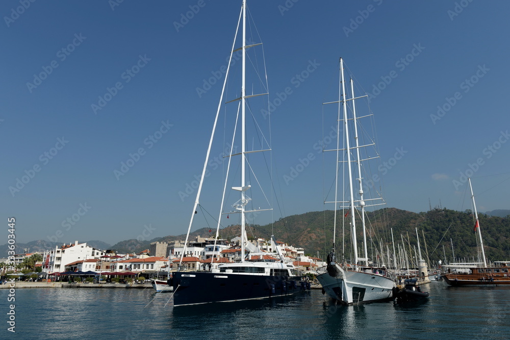 Sea vessels at the waterfront of the Turkish city of Marmaris