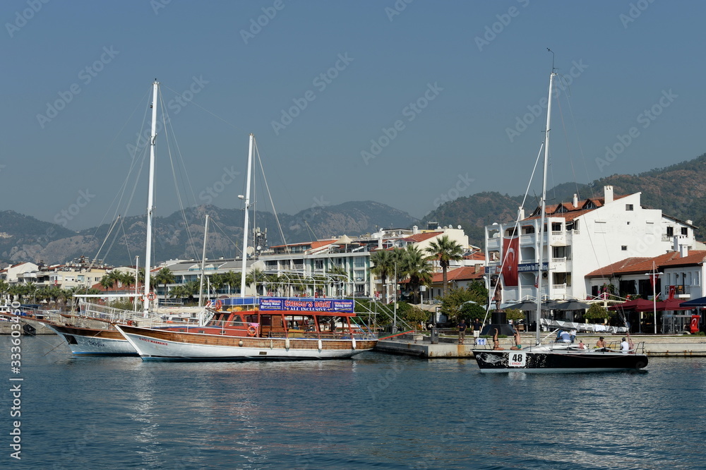 Sea vessels at the waterfront of the Turkish city of Marmaris