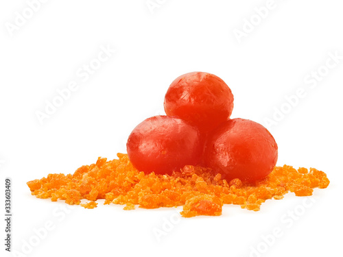 Salted egg yolk powder with salted eggs. Yummy and look delicious. isolated on white background