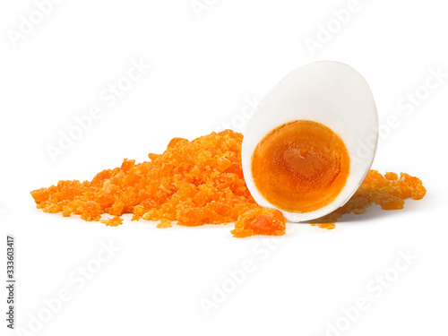 Salted egg yolk powder with salted eggs. Yummy and look delicious. isolated on white background