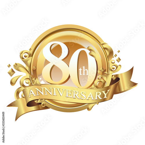 80 years golden anniversary logo celebration with ring and ribbon