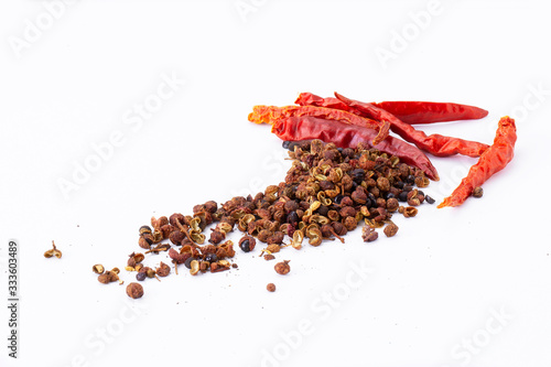 Chinese chili called Mala , paste, sauce , dried seed with dried red chili ,ingredient for Mala grilled street food ,isolated on white background