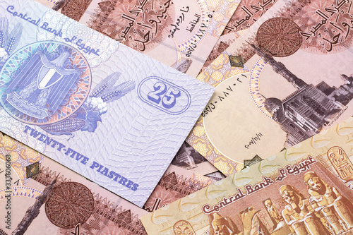A close up image of an Egyptian twenty five piastres note with Egyptian one pound bank notes in macro