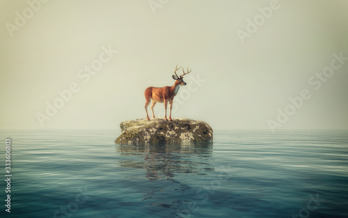 Deer on a rock in the ocean. This is a 3d render illustration .