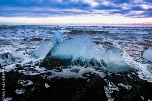 Ice rock with black sand beach at Jokulsarlon beach  Diamond beach  in southeast Iceland