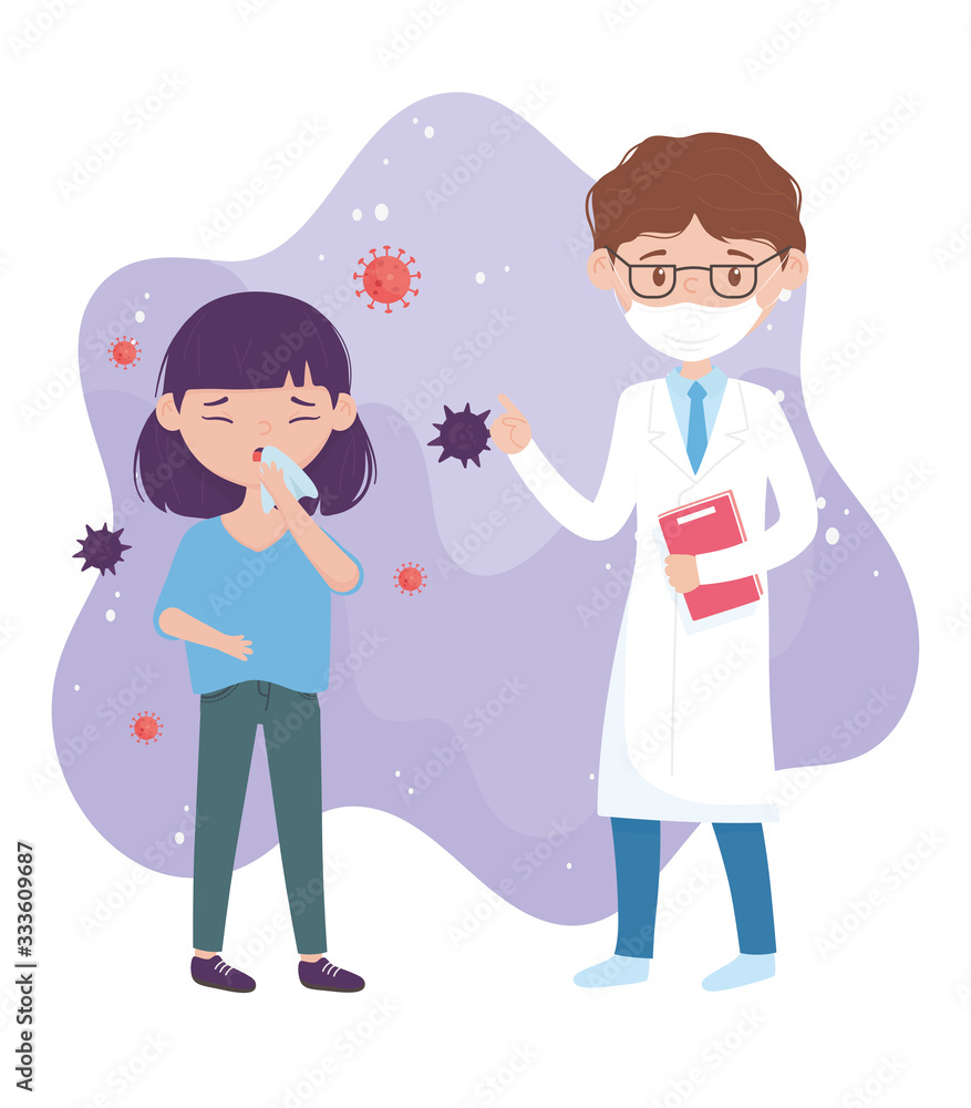 health online, doctor with mask and patient with cough health online, doctor with mask and patient with cough