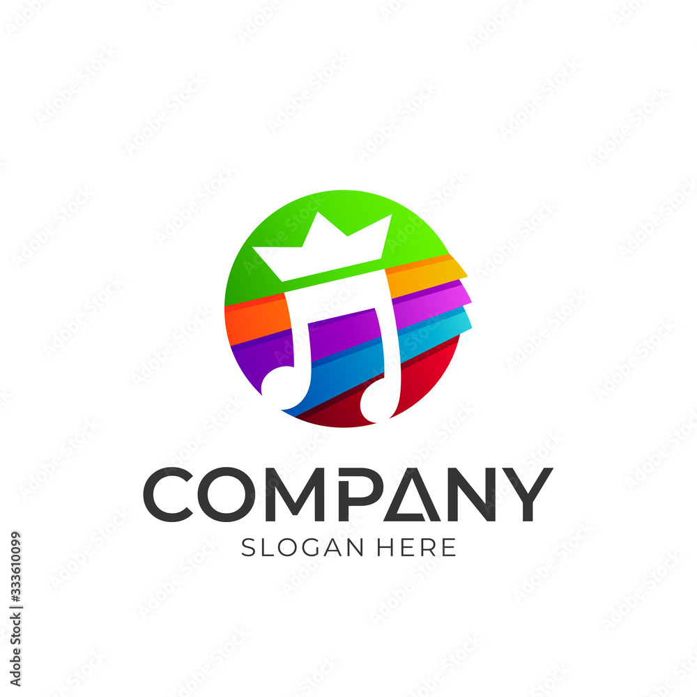 Music king logo, vector logo of music note with crown in colorful circle shape Music king logo, vector logo of music note with crown in colorful circle shape