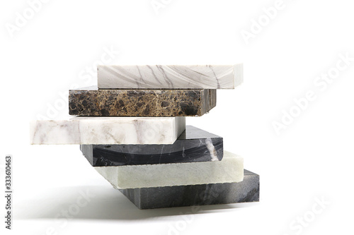 Close up group of stone marble on white background, stone material for interior designer, texture surface of marble with copy space
