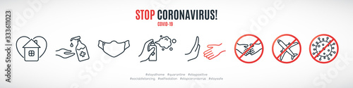 Simple line signs to prevent the spread of Coronavirus. Set of prohibition and warning icons. Wear mask and wash hands. COVID-19. Healthcare and medicine concept vector illustration.