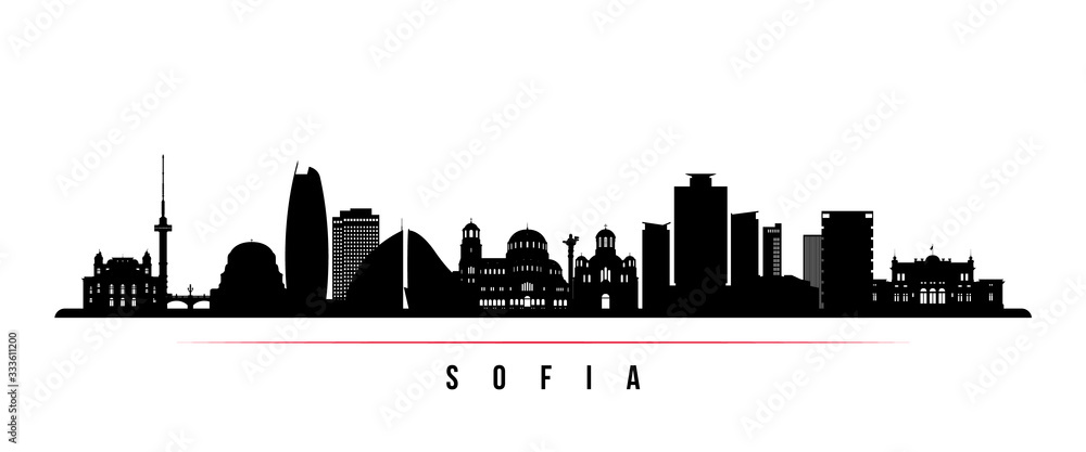 Sofia city skyline horizontal banner. Black and white silhouette of Sofia, Bulgaria. Vector template for your design.
