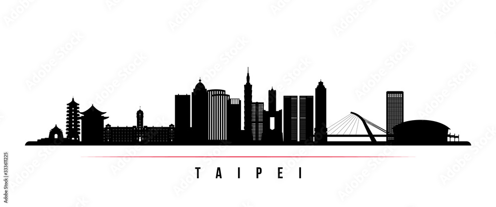 Taipei city skyline horizontal banner. Black and white silhouette of Taipei, Taiwan. Vector template for your design.