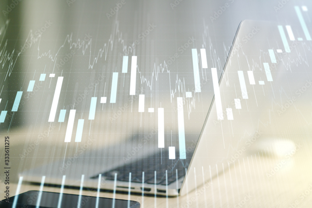 Multi exposure of abstract creative financial chart on computer background, research and analytics concept Multi exposure of abstract creative financial chart on computer background, research and analytics concept