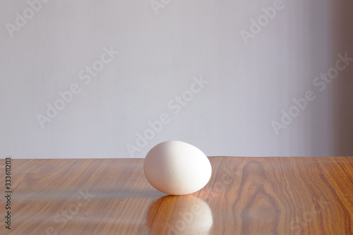 Egg on wooden table. Soft sunlight from windows. Table top shot. Front view. Food background. Copy space.