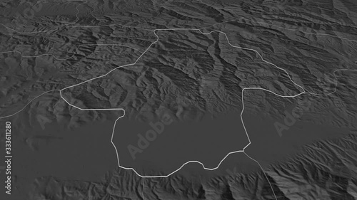 Kočani, municipality with its capital, zoomed and extruded on the bilevel map of Macedonia in the conformal Stereographic projection. Animation 3D photo